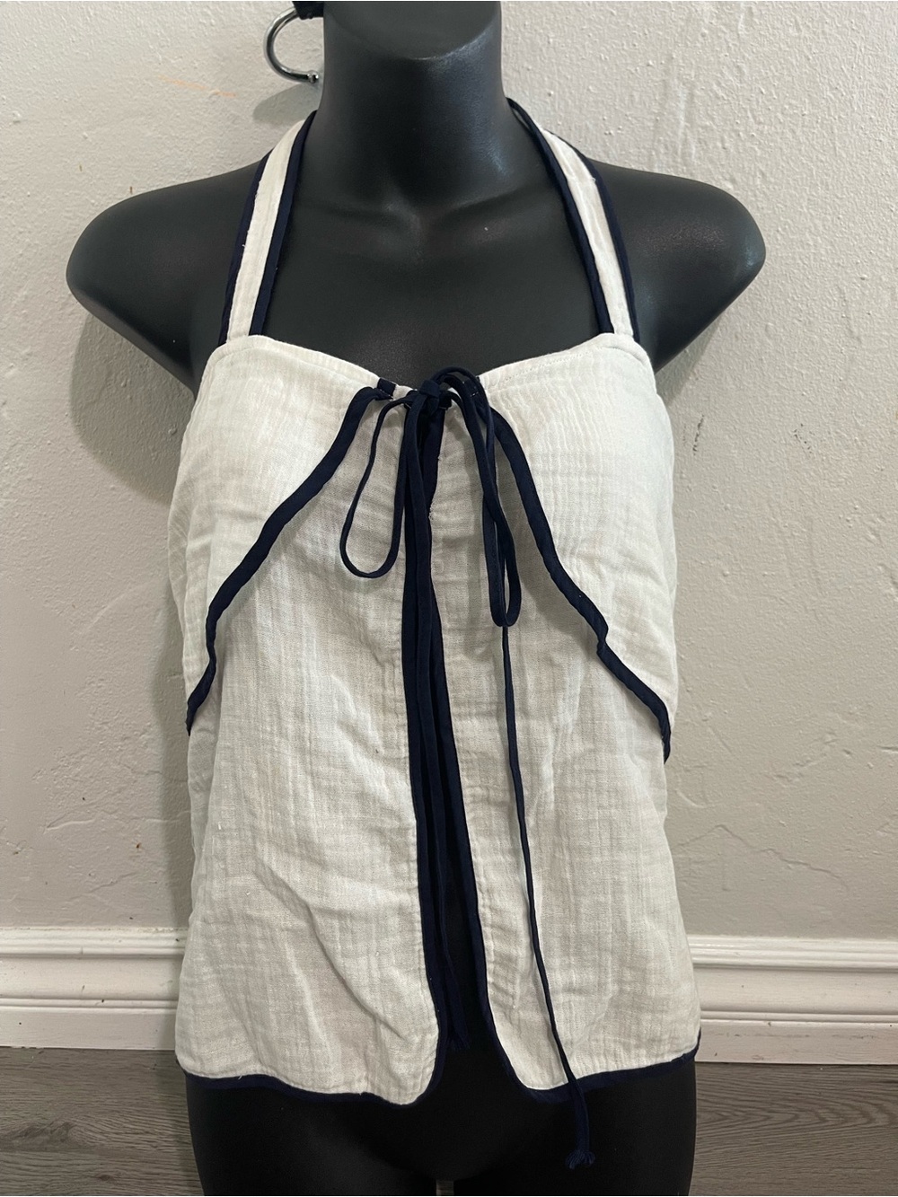 Anim White Halter Tie-Front Tank with Navy Trim